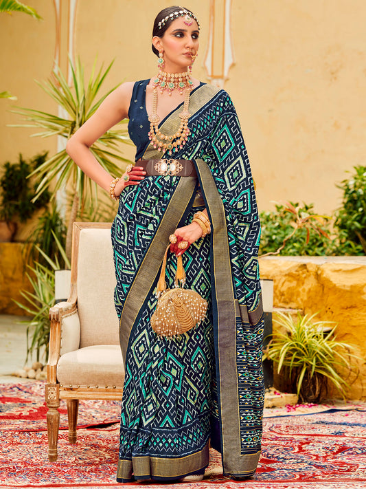 Women's Tussar Silk Navy Blue Printed Designer Saree With Blouse Piece