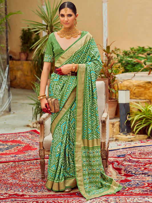 Women's Tussar Silk Light Green Printed Designer Saree With Blouse Piece