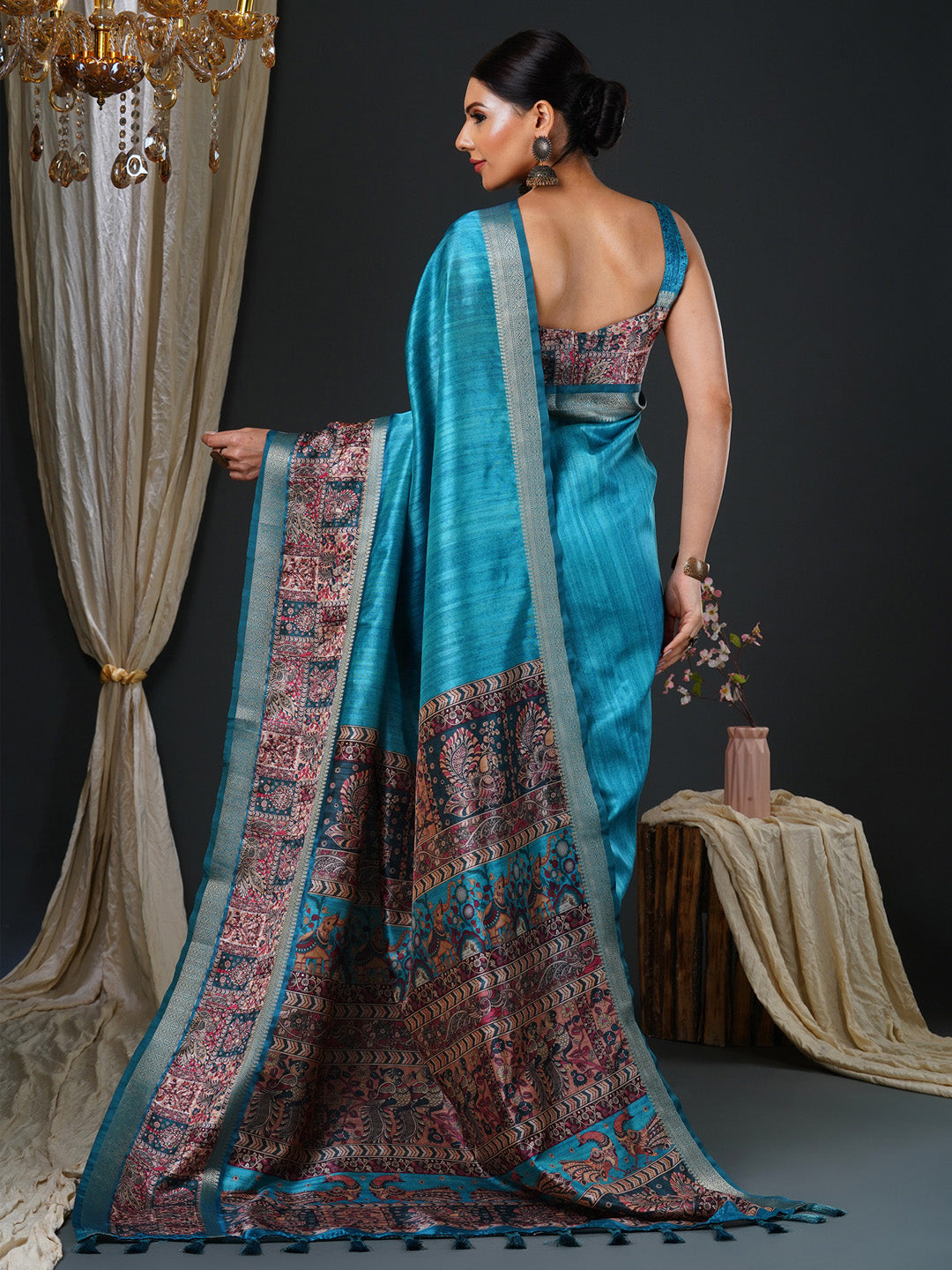 Women's Mysore Silk Blue Printed Designer Saree With Blouse Piece