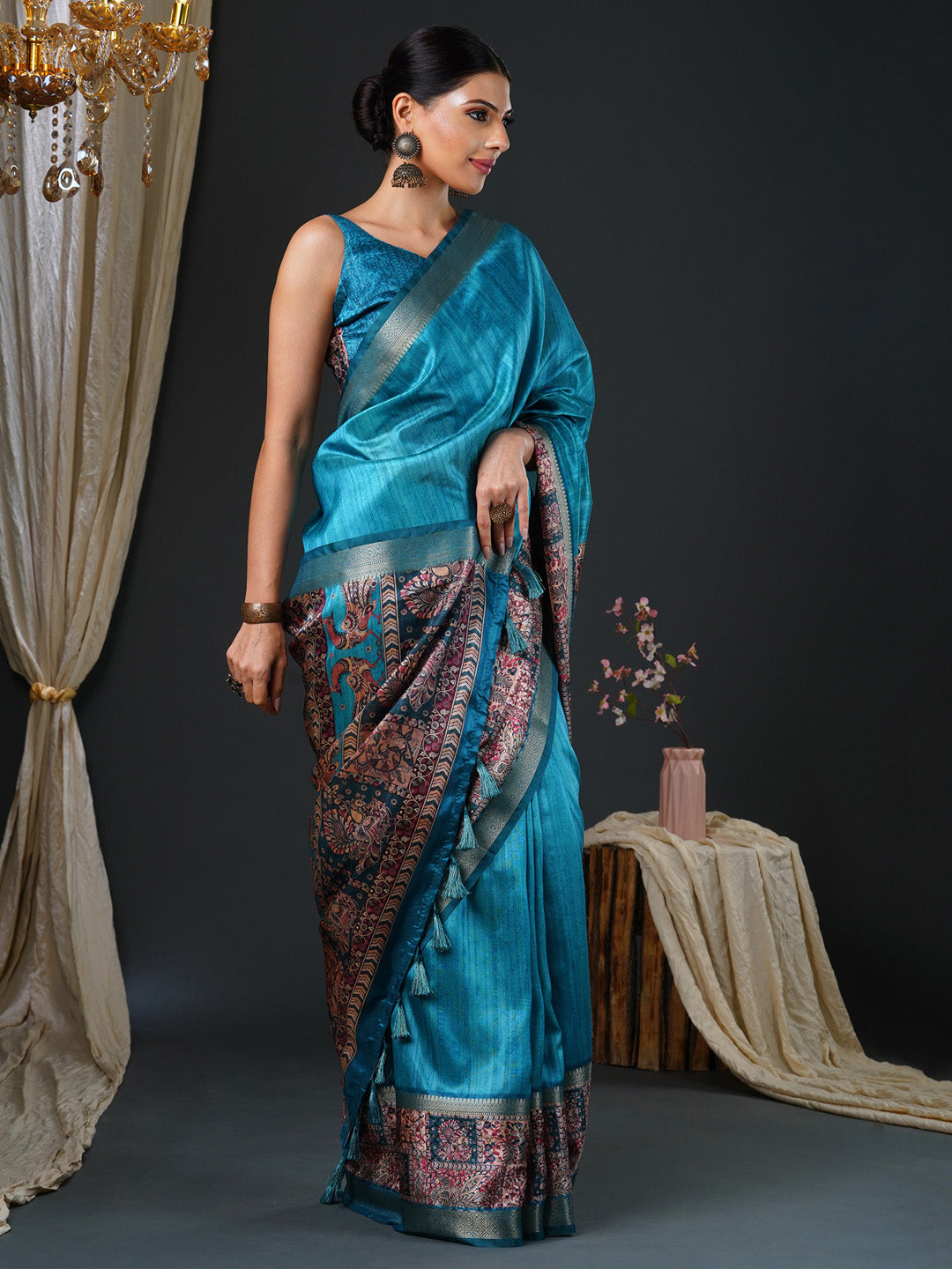 Women's Mysore Silk Blue Printed Designer Saree With Blouse Piece