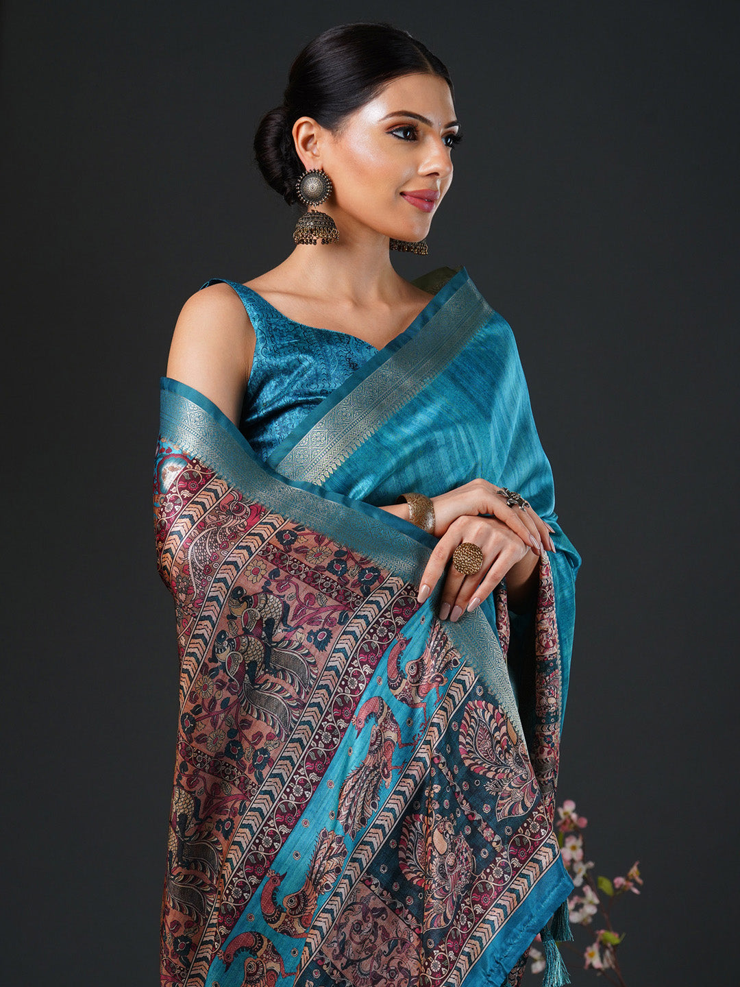 Women's Mysore Silk Blue Printed Designer Saree With Blouse Piece