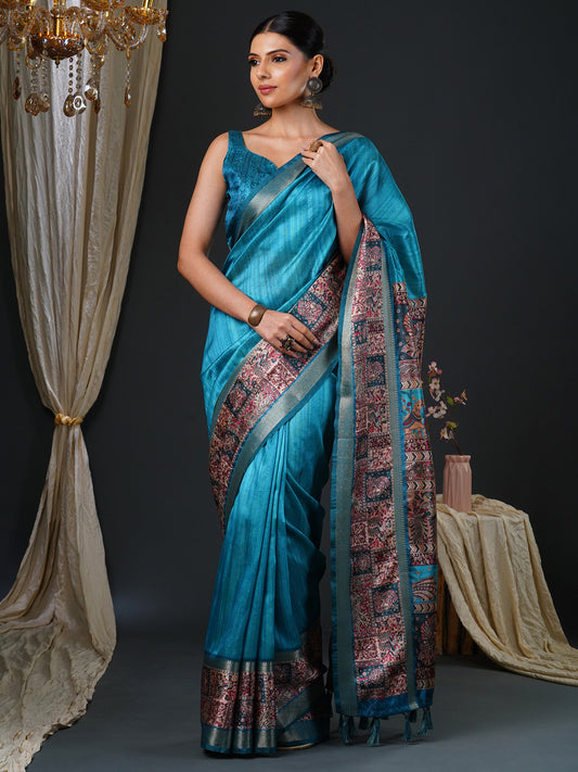 Women's Mysore Silk Blue Printed Designer Saree With Blouse Piece