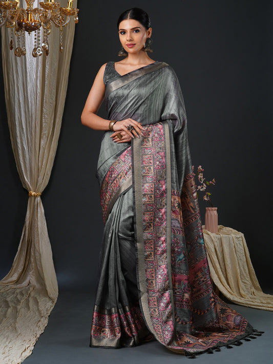 Women's Mysore Silk Charcoal Grey Printed Designer Saree With Blouse Piece