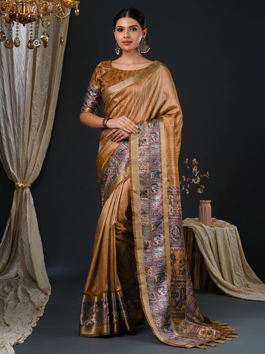 Women's Mysore Silk Camel Brown Printed Designer Saree With Blouse Piece
