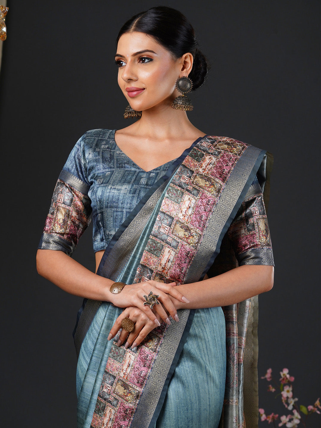 Women's Mysore Silk Grey Printed Designer Saree With Blouse Piece
