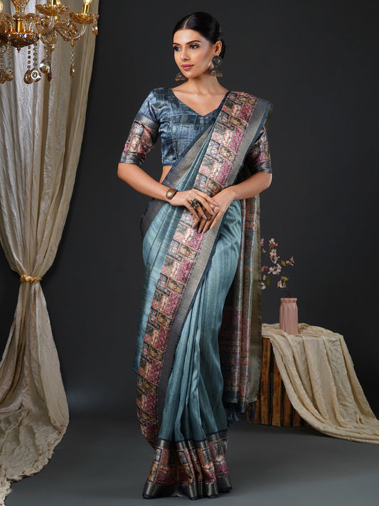 Women's Mysore Silk Grey Printed Designer Saree With Blouse Piece