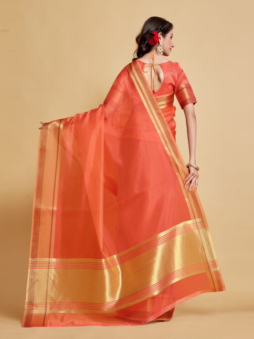 Dhiyona GR Women's Siya Peach Orange Solid Zari Design Organza Saree