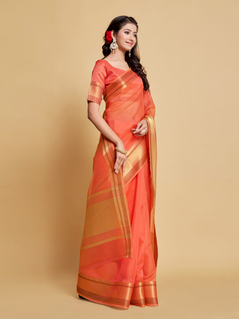 Dhiyona GR Women's Siya Peach Orange Solid Zari Design Organza Saree
