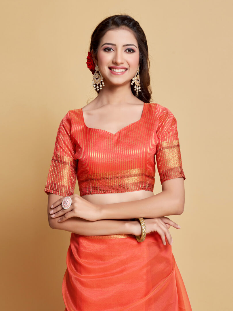 Dhiyona GR Women's Siya Peach Orange Solid Zari Design Organza Saree