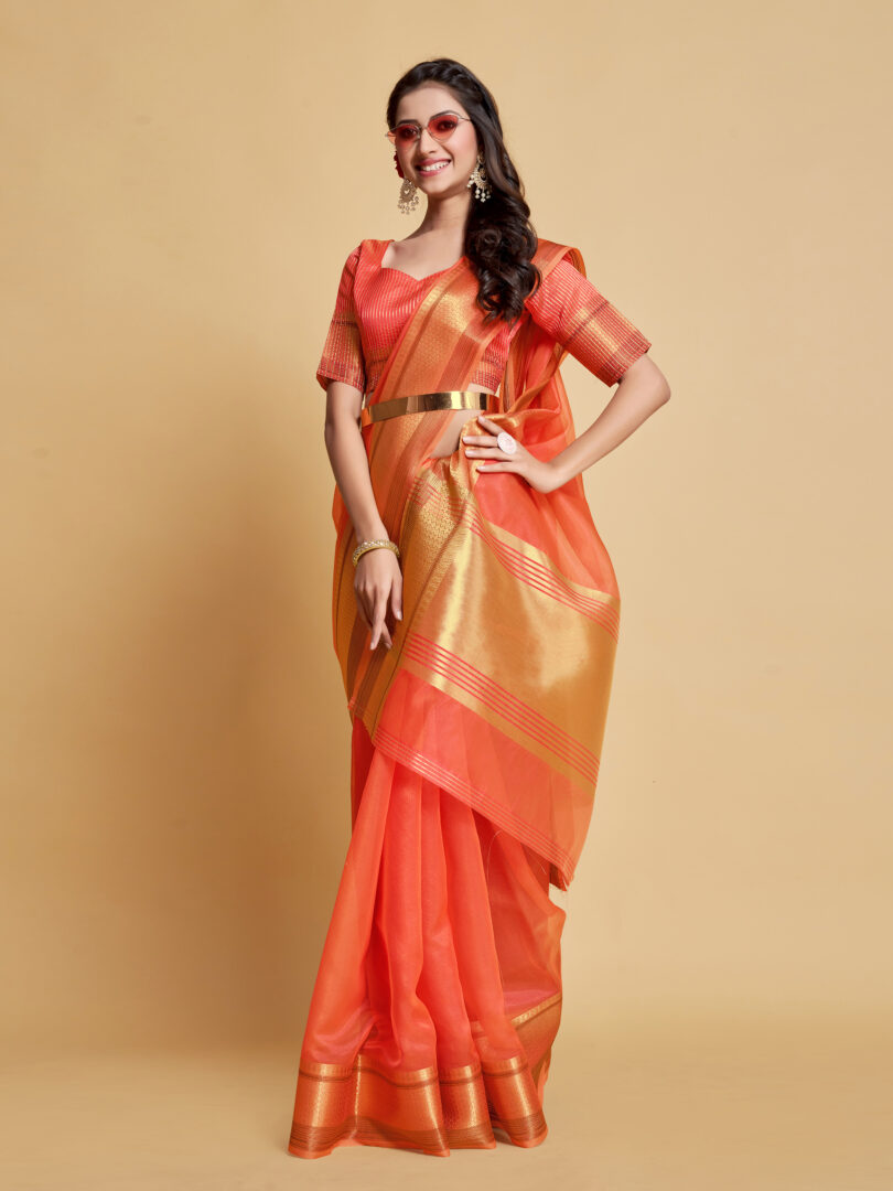 Dhiyona GR Women's Siya Peach Orange Solid Zari Design Organza Saree