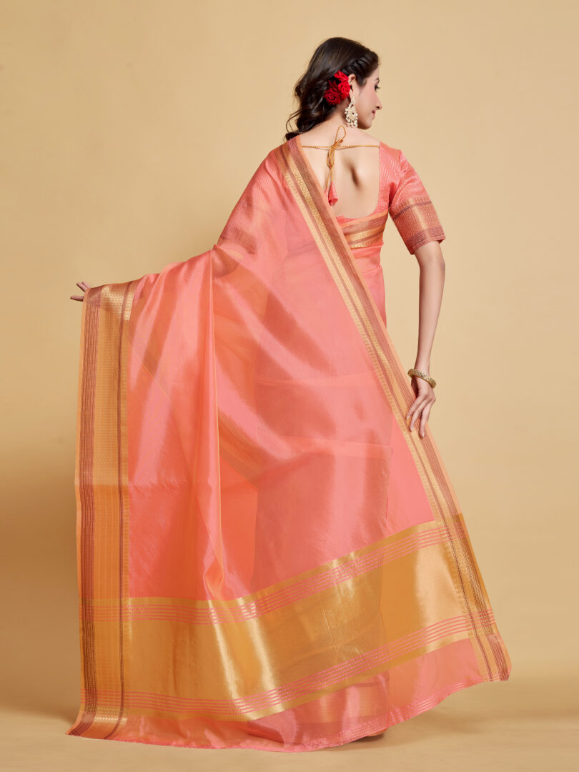 Dhiyona GR Women's Siya Salmon Pink Solid Zari Design Organza Saree