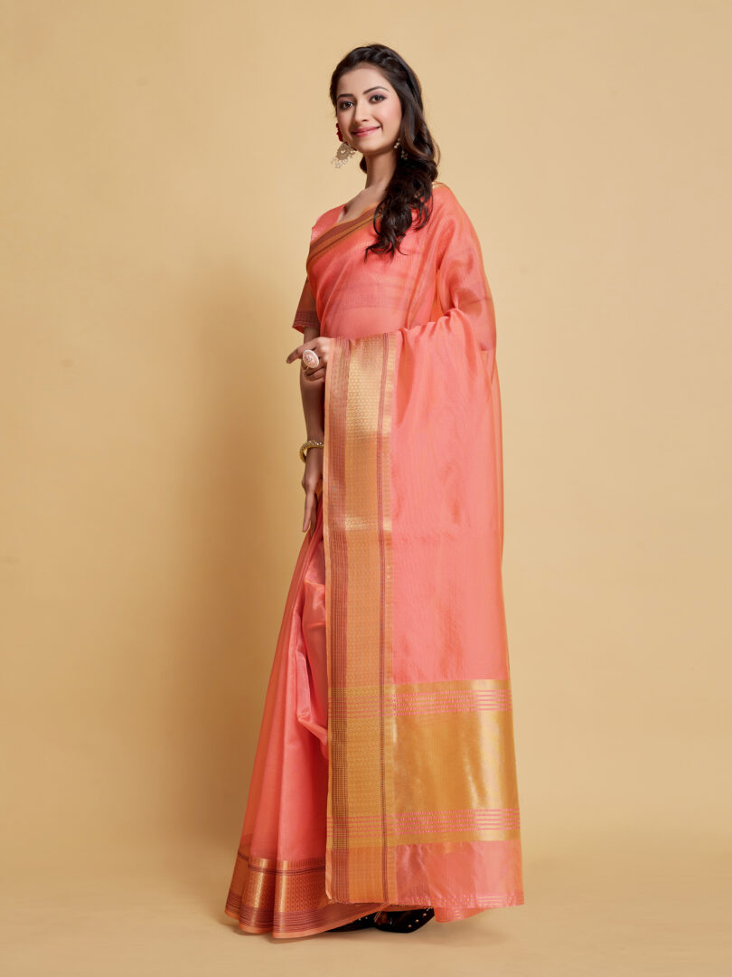 Dhiyona GR Women's Siya Salmon Pink Solid Zari Design Organza Saree
