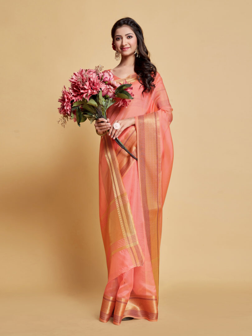 Dhiyona GR Women's Siya Salmon Pink Solid Zari Design Organza Saree