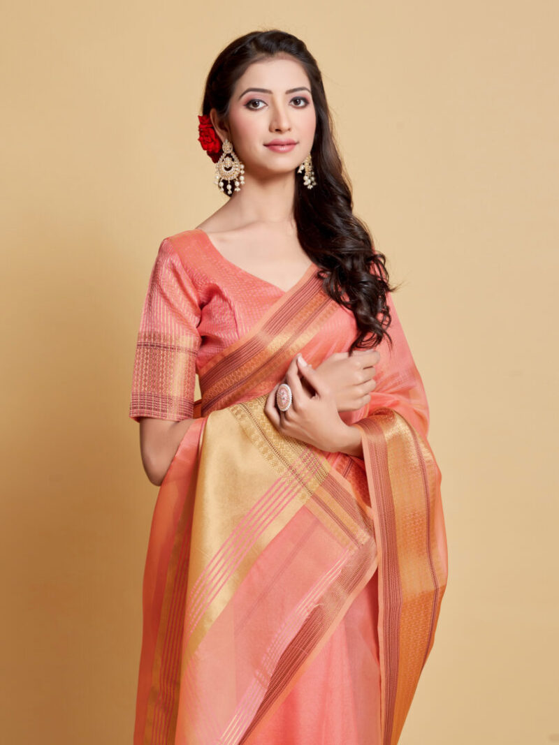 Dhiyona GR Women's Siya Salmon Pink Solid Zari Design Organza Saree