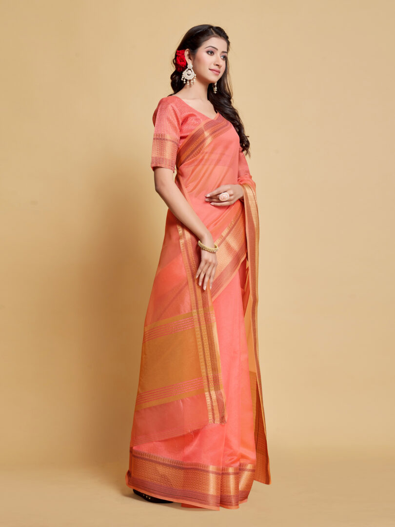 Dhiyona GR Women's Siya Salmon Pink Solid Zari Design Organza Saree
