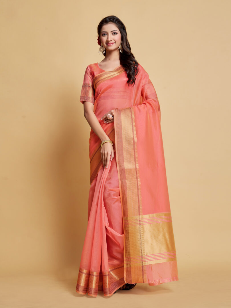Dhiyona GR Women's Siya Salmon Pink Solid Zari Design Organza Saree