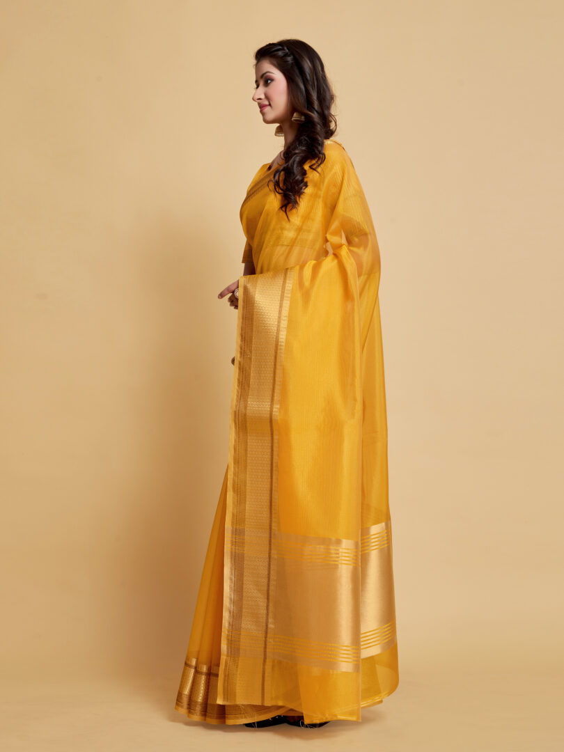 Dhiyona GR Women's Siya Butterscotch Yellow Solid Zari Design Organza Saree