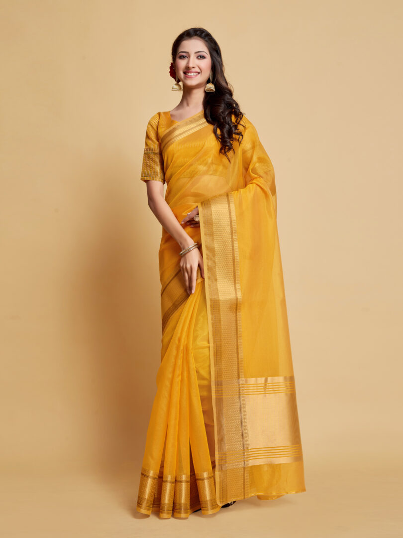 Dhiyona GR Women's Siya Butterscotch Yellow Solid Zari Design Organza Saree