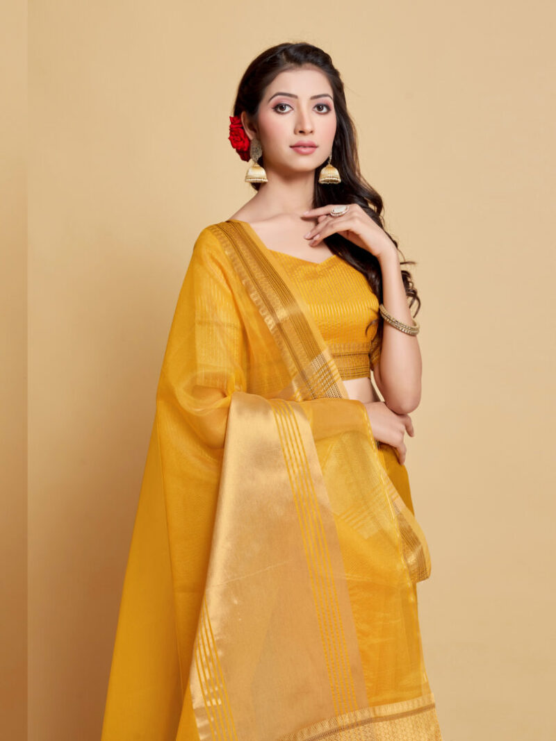 Dhiyona GR Women's Siya Butterscotch Yellow Solid Zari Design Organza Saree