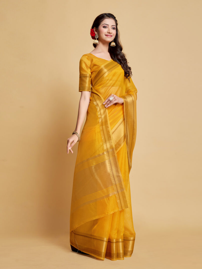 Dhiyona GR Women's Siya Butterscotch Yellow Solid Zari Design Organza Saree