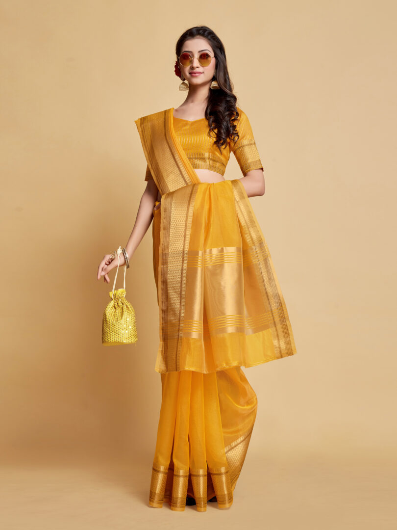 Dhiyona GR Women's Siya Butterscotch Yellow Solid Zari Design Organza Saree