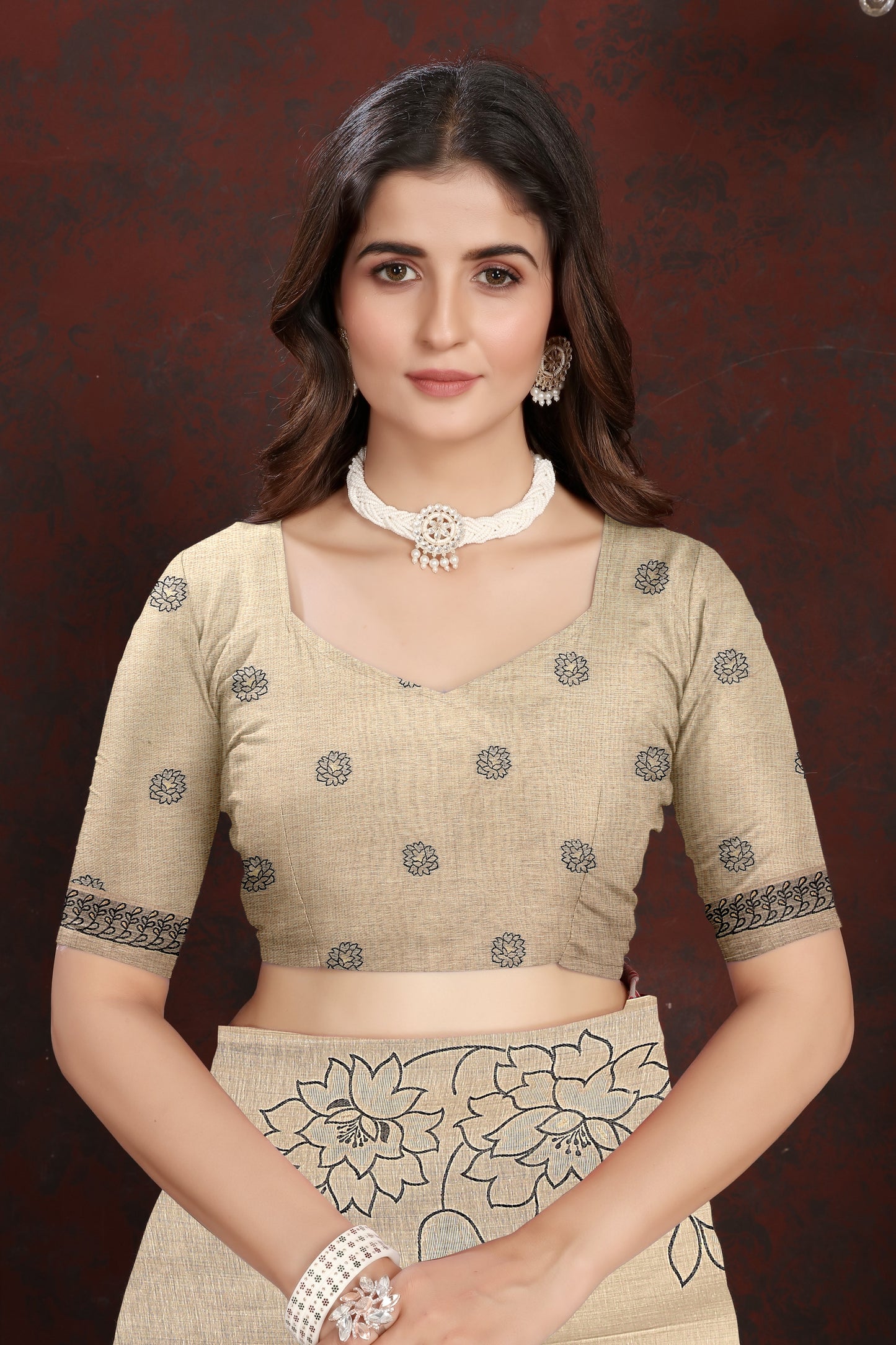 Dhiyona GR Women's Sketch Beige & Black Pure Mul Cotton Jamdani Saree