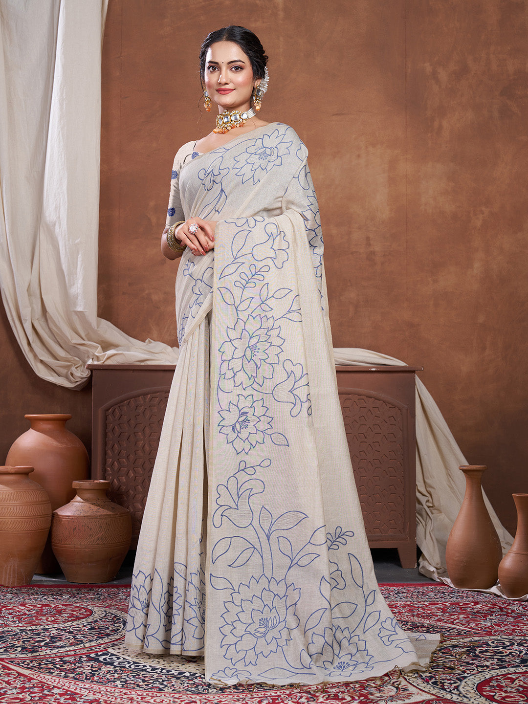 Dhiyona GR Women's Sketch Beige & Navy Pure Mul Cotton Jamdani Saree