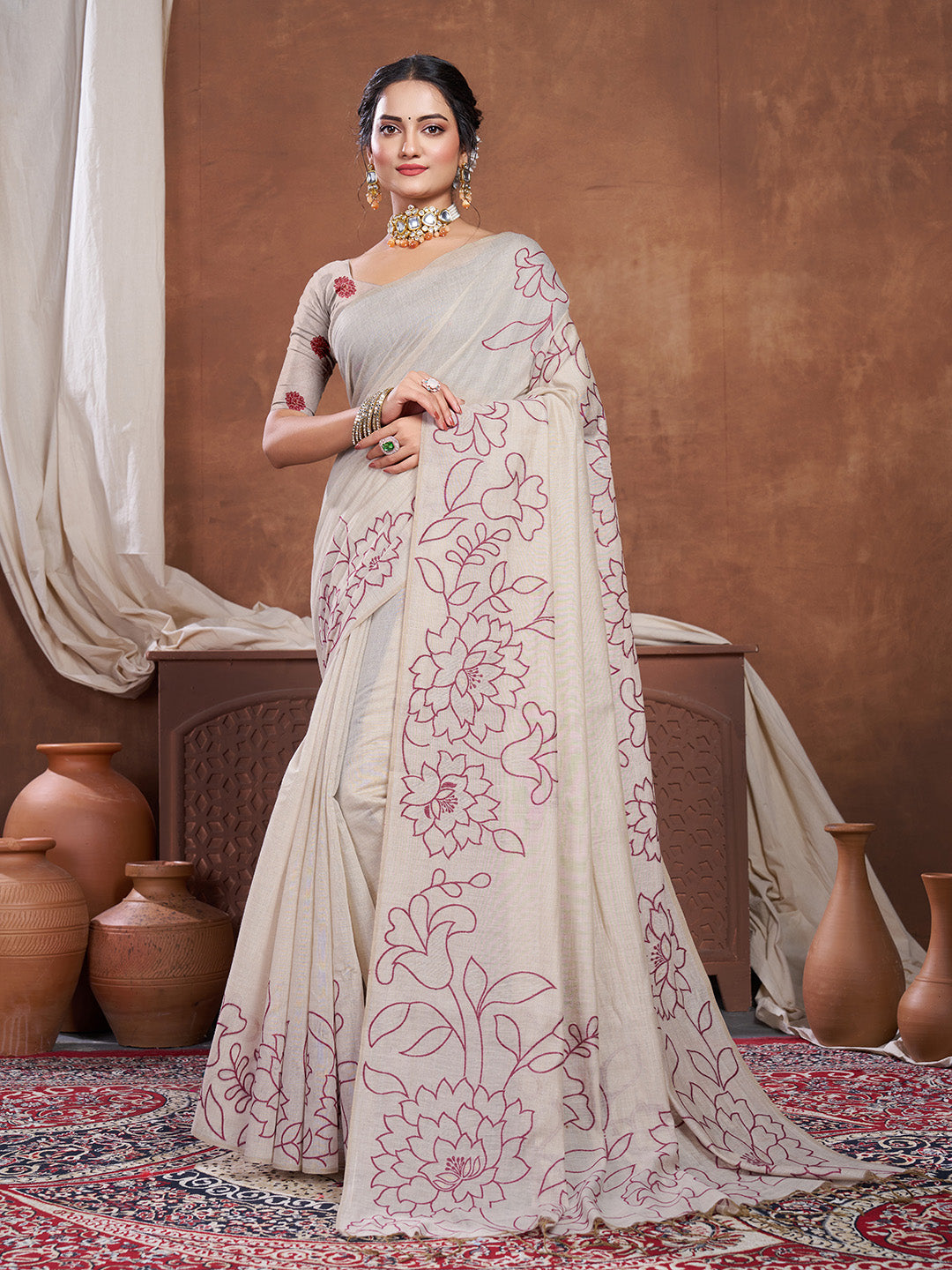 Dhiyona GR Women's Sketch Beige & Wine Pure Mul Cotton Jamdani Saree