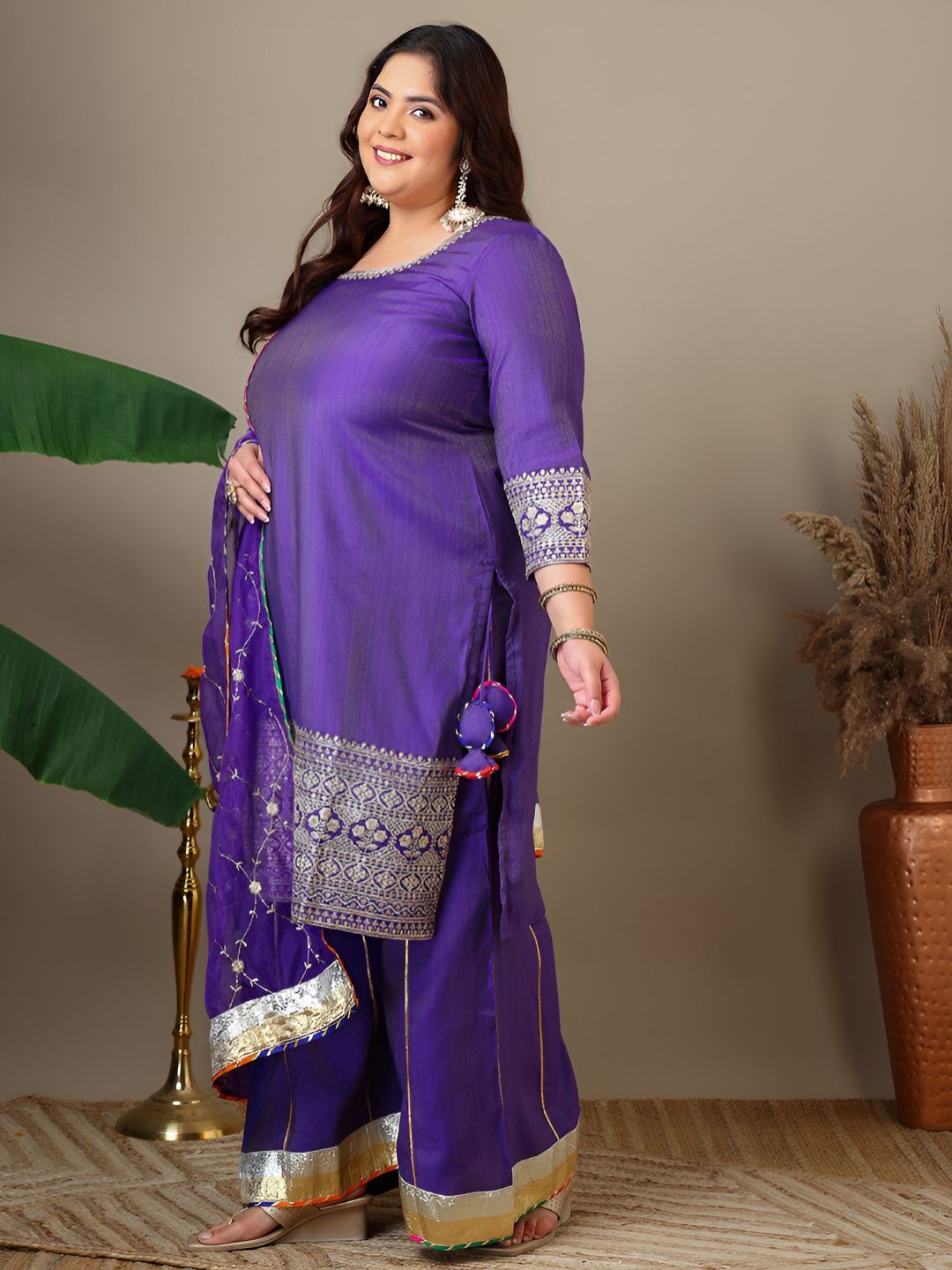 Dhiyona IN Women Plus Size Ethnic Motifs Embroidered Kurta with Sharara & Dupatta