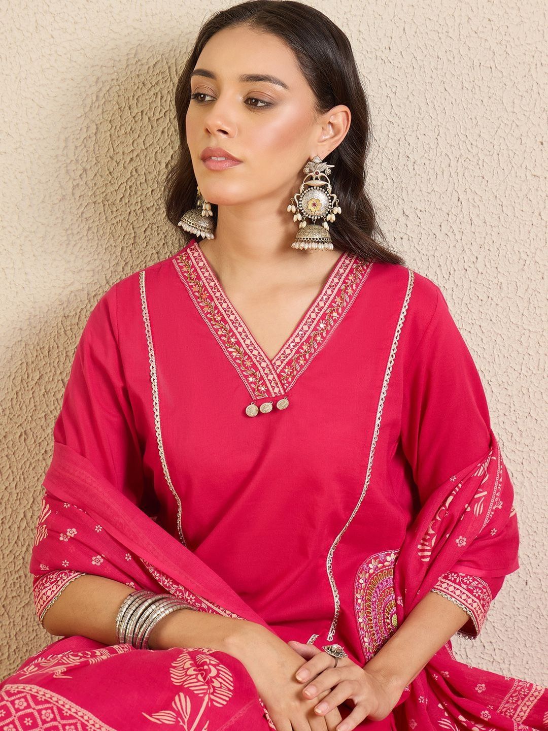Women Ethnic Motifs Regular Thread Work Pure Cotton Kurta with Trousers & With Dupatta
