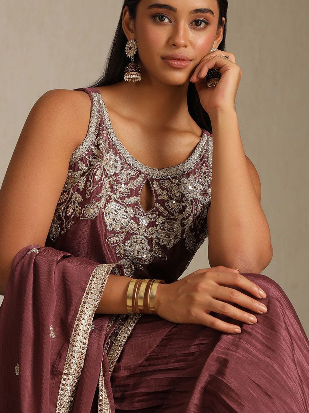 Dhiyona SO Women's Floral Embroidered Chinon Shoulder Straps Straight Kurta with Palazzos & Dupatta