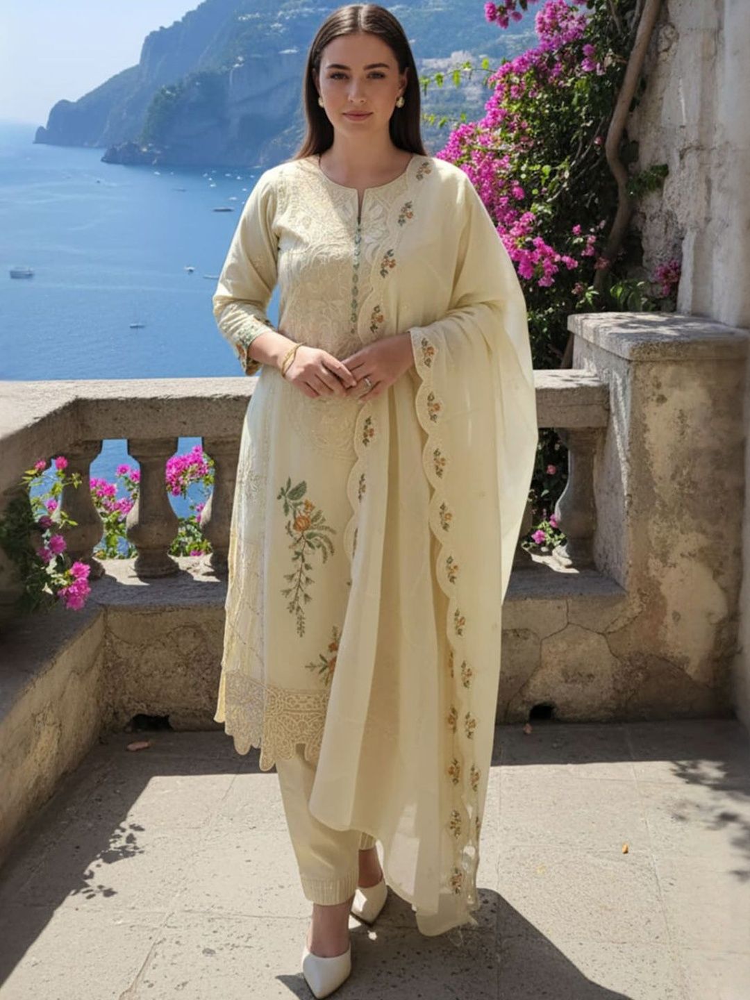 Floral Embroidered Thread Work Pure Cotton Kurta With Trousers & Dupatta
