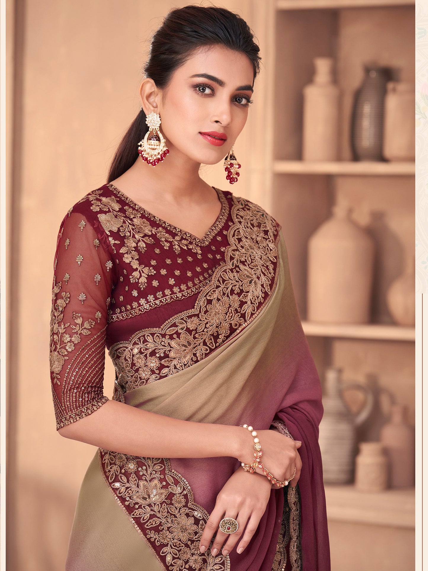 Women's Georgette Magenta Embellished Designer Saree With Blouse Piece