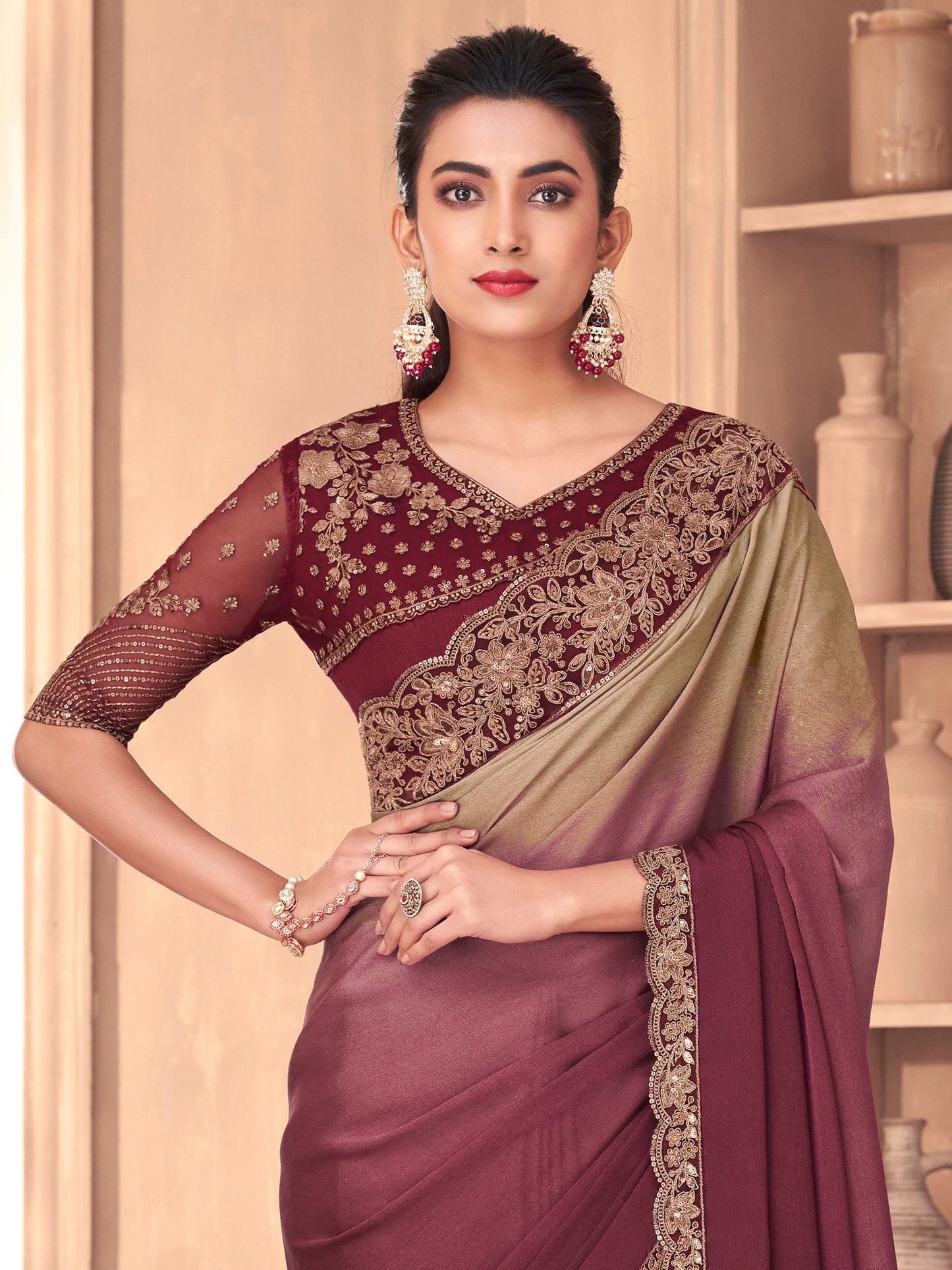 Women's Georgette Magenta Embellished Designer Saree With Blouse Piece