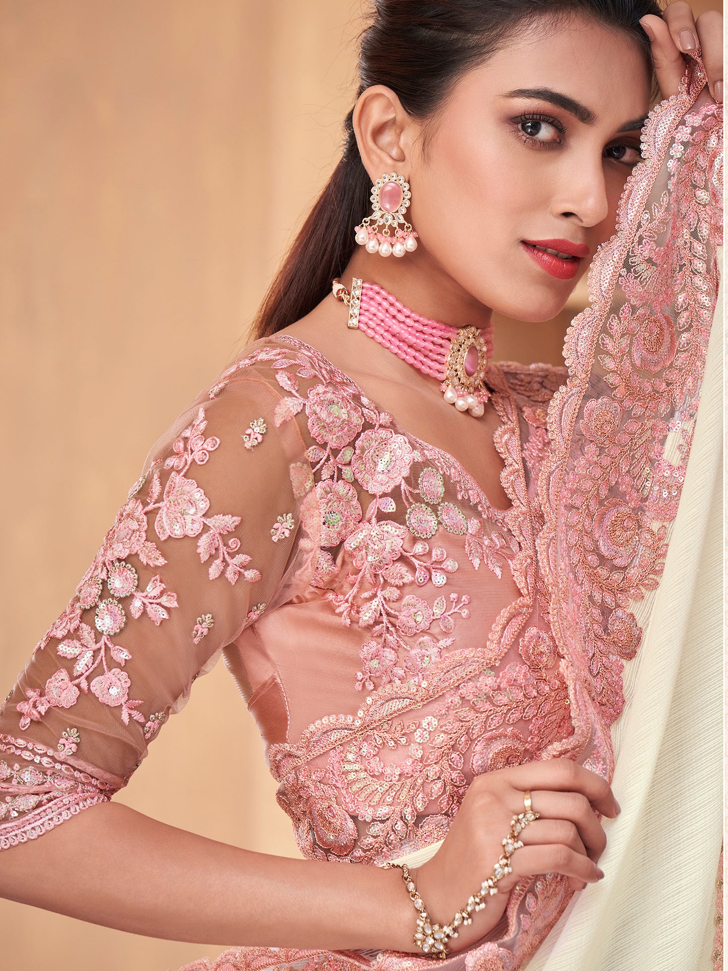 Women's Chiffon Off White Embellished Designer Saree With Blouse Piece