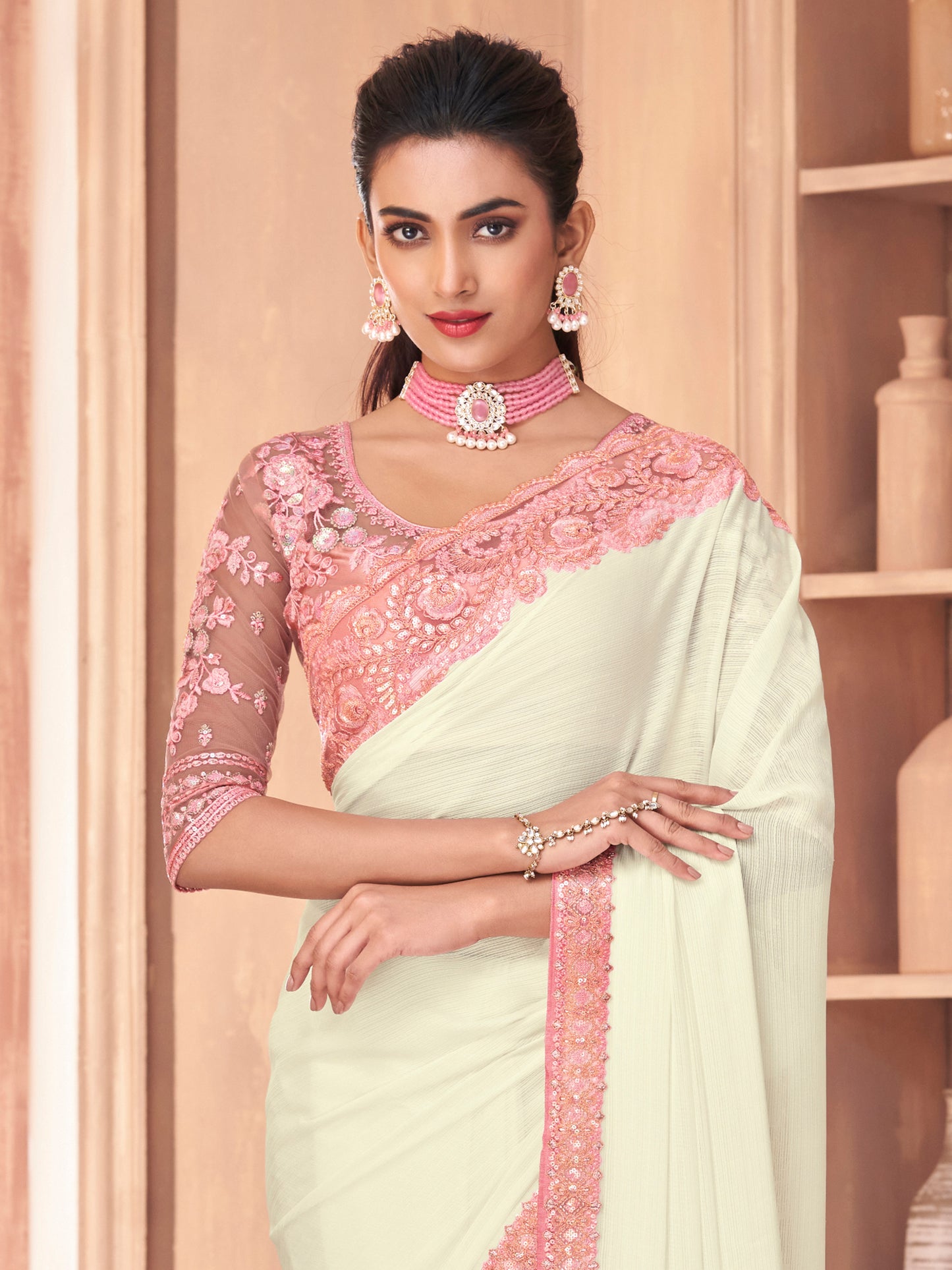 Women's Chiffon Off White Embellished Designer Saree With Blouse Piece