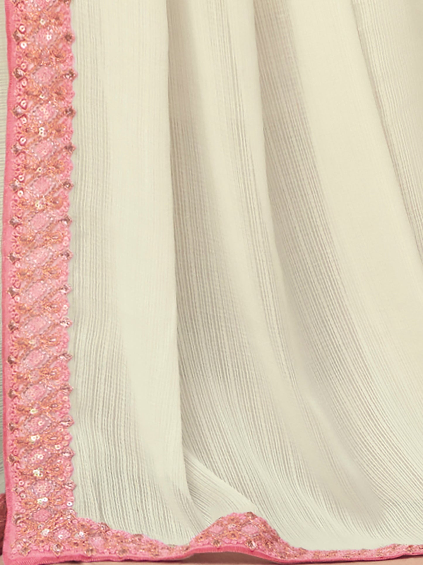 Women's Chiffon Off White Embellished Designer Saree With Blouse Piece