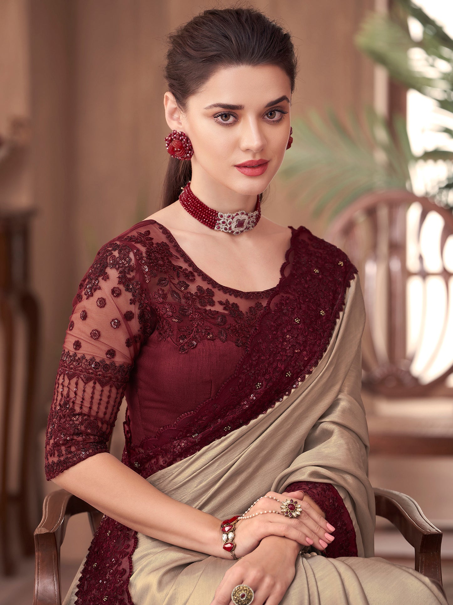 Women's Georgette Beige Embellished Designer Saree With Blouse Piece