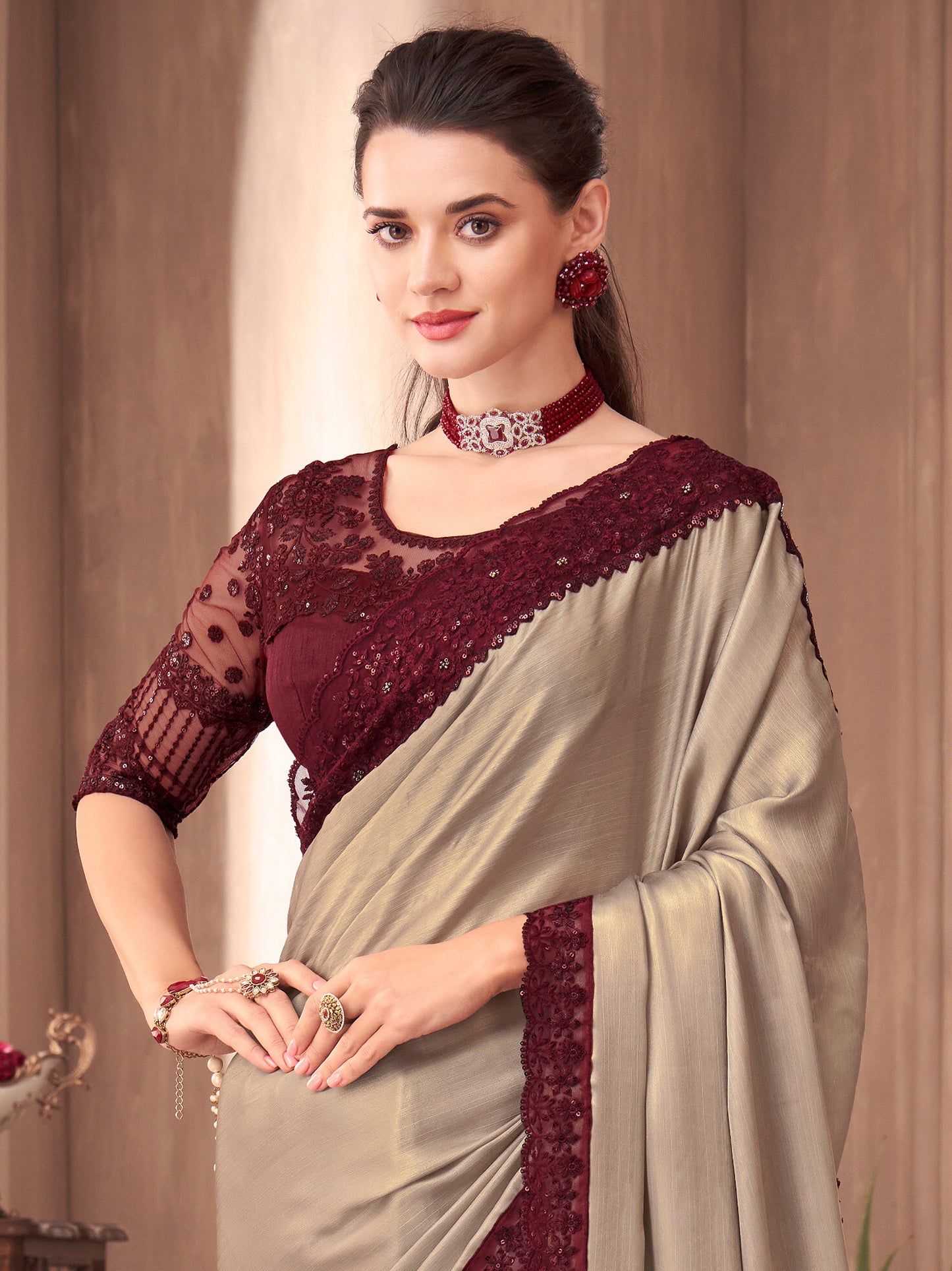 Women's Georgette Beige Embellished Designer Saree With Blouse Piece