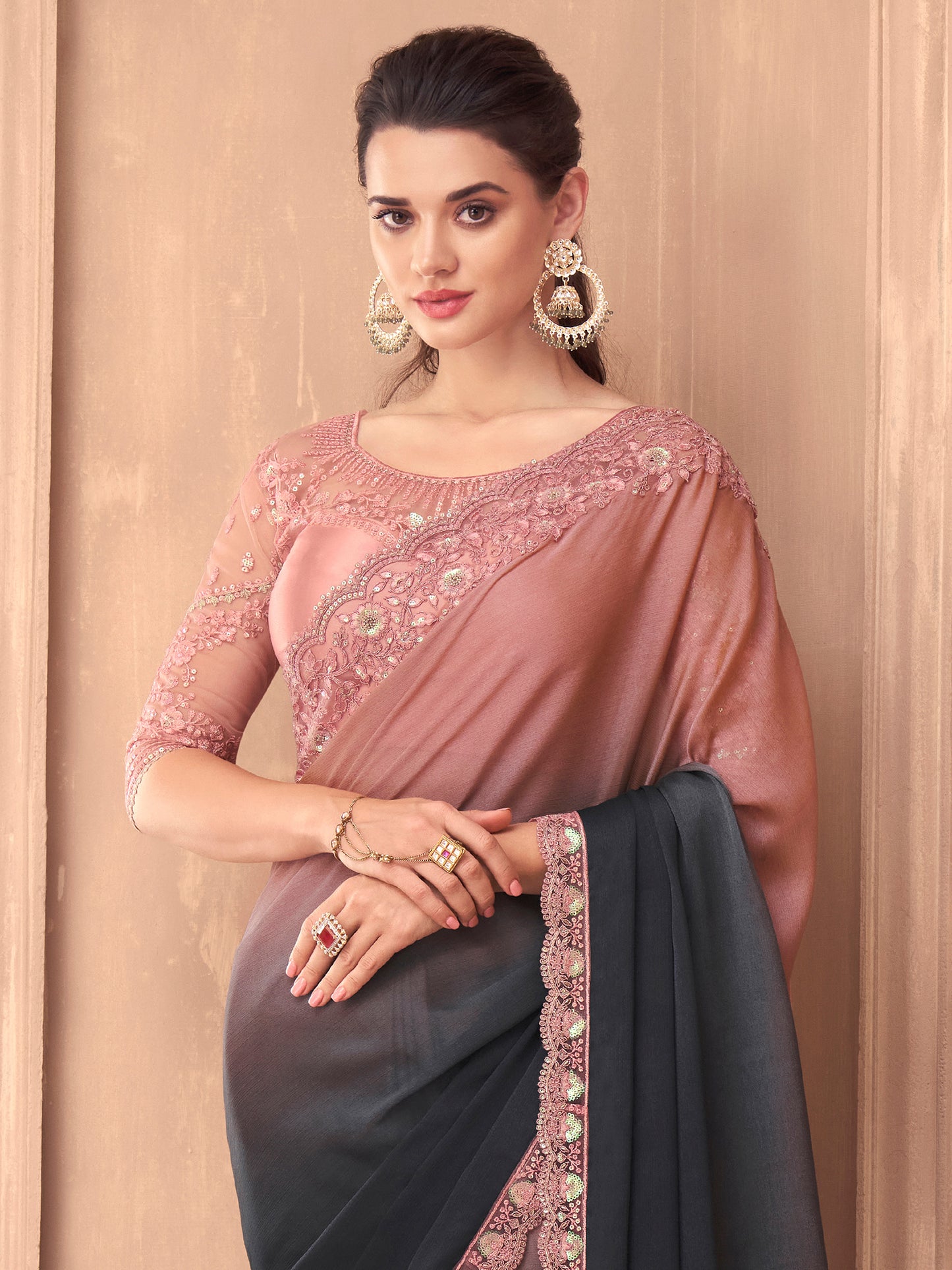 Women's Chiffon Grey Embellished Designer Saree With Blouse Piece