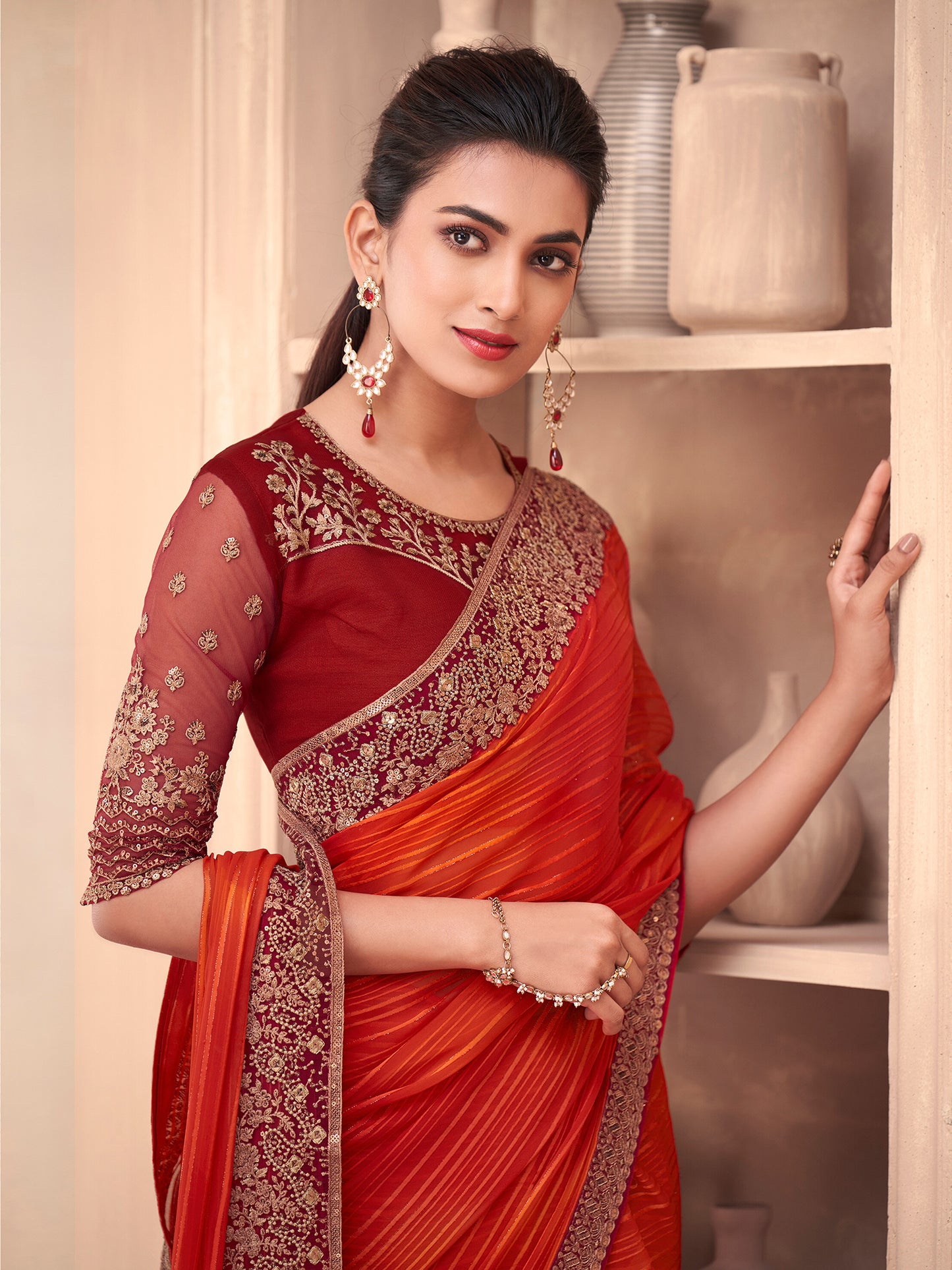Women's Georgette Orange Embellished Designer Saree With Blouse Piece