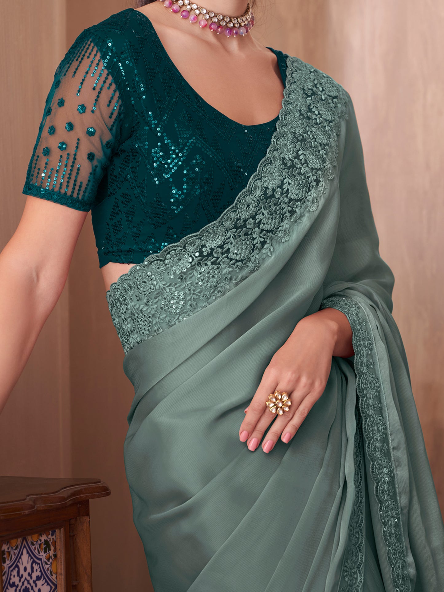 Women's Silk Blend Sea Green Embellished Designer Saree With Blouse Piece