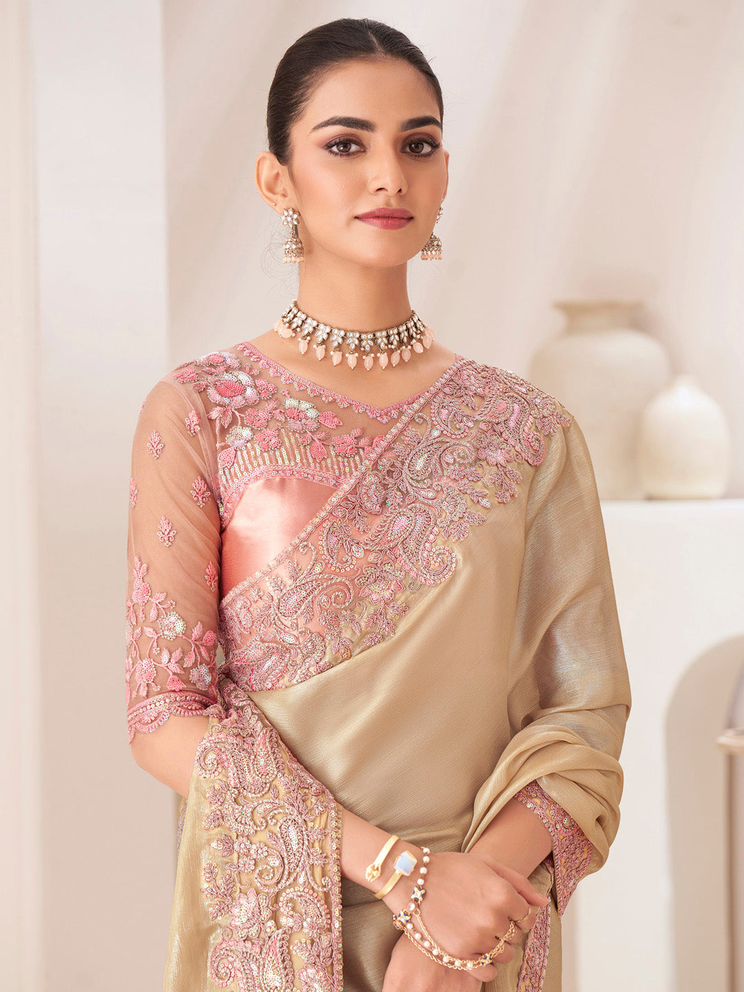 Women's Pure Chiffon Peach Embellished Designer Saree With Blouse Piece
