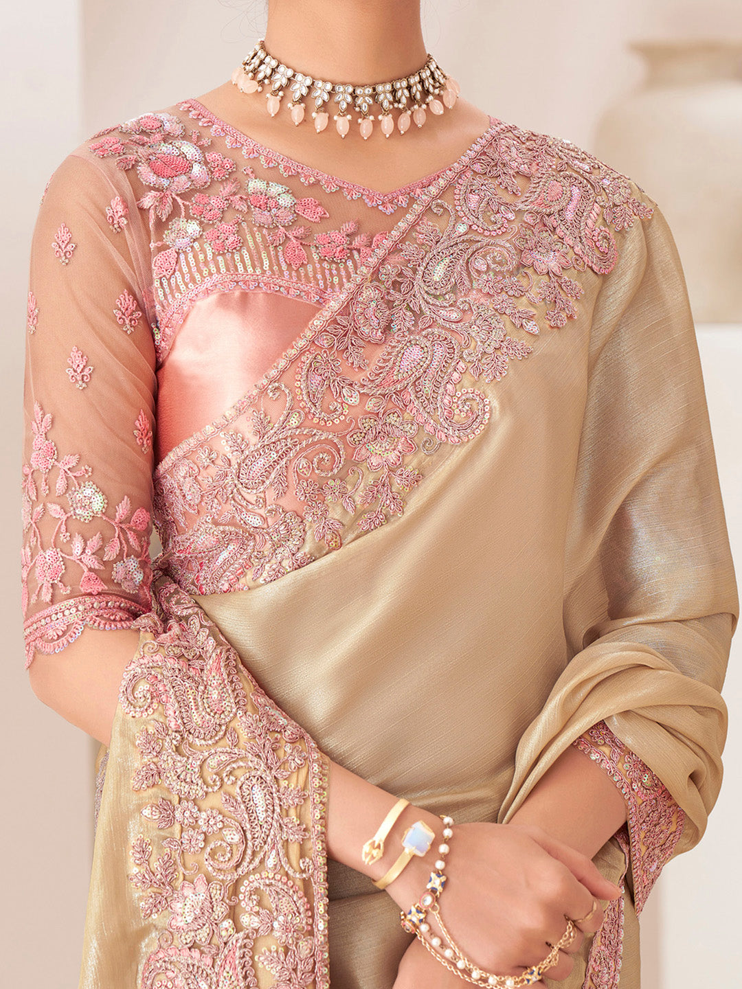 Women's Pure Chiffon Peach Embellished Designer Saree With Blouse Piece