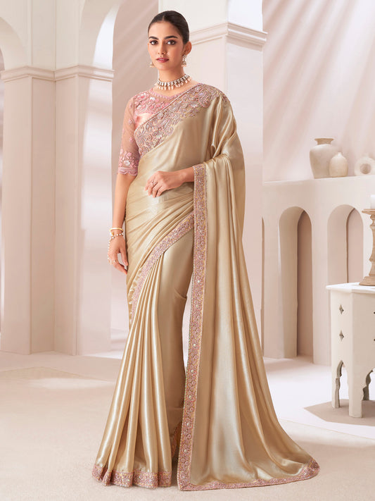 Women's Pure Chiffon Peach Embellished Designer Saree With Blouse Piece