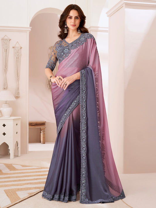 Women's Pure Chiffon Violet Embellished Designer Saree With Blouse Piece
