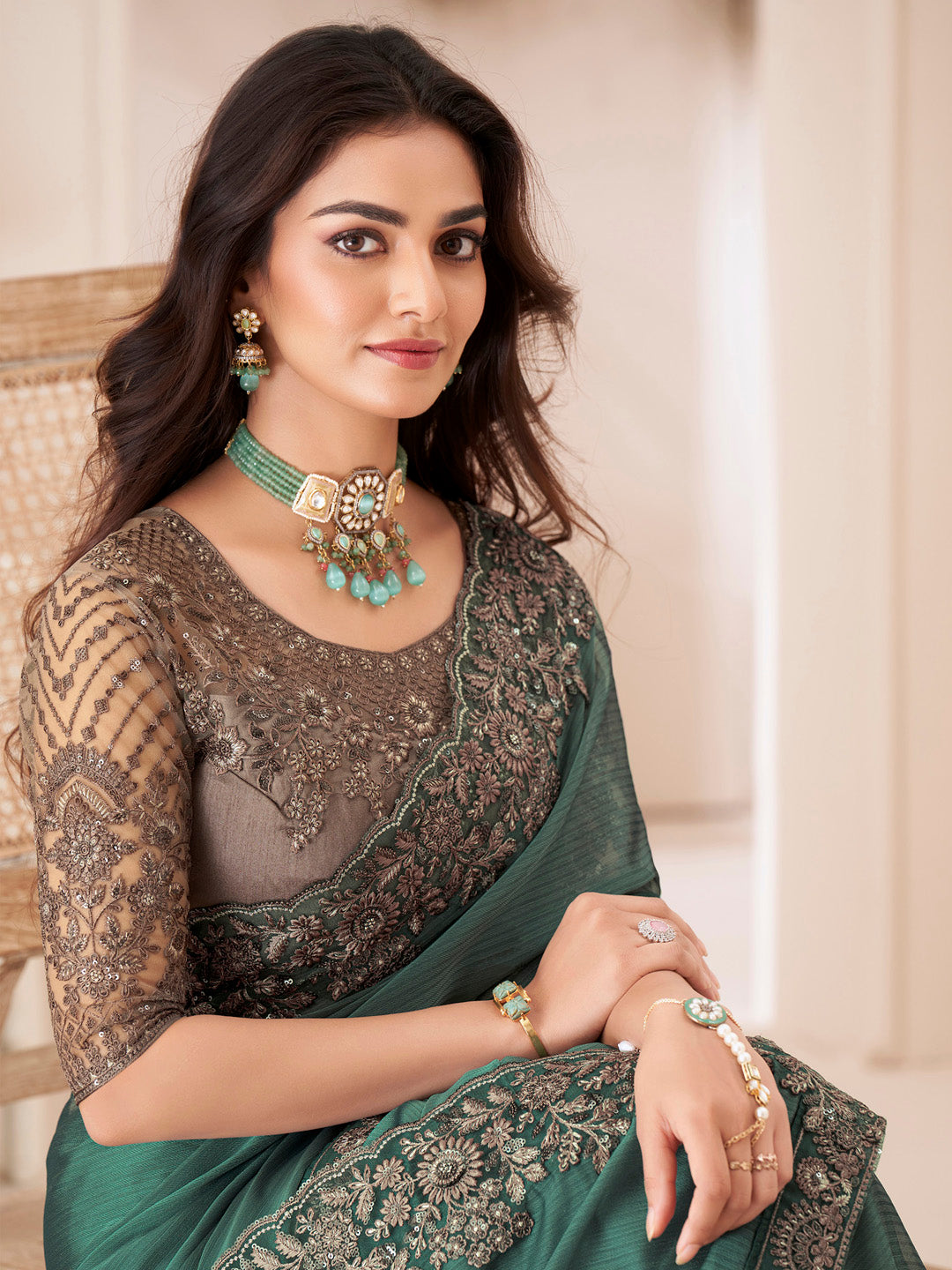 Women's Pure Georgette Brown Embellished Designer Saree With Blouse Piece