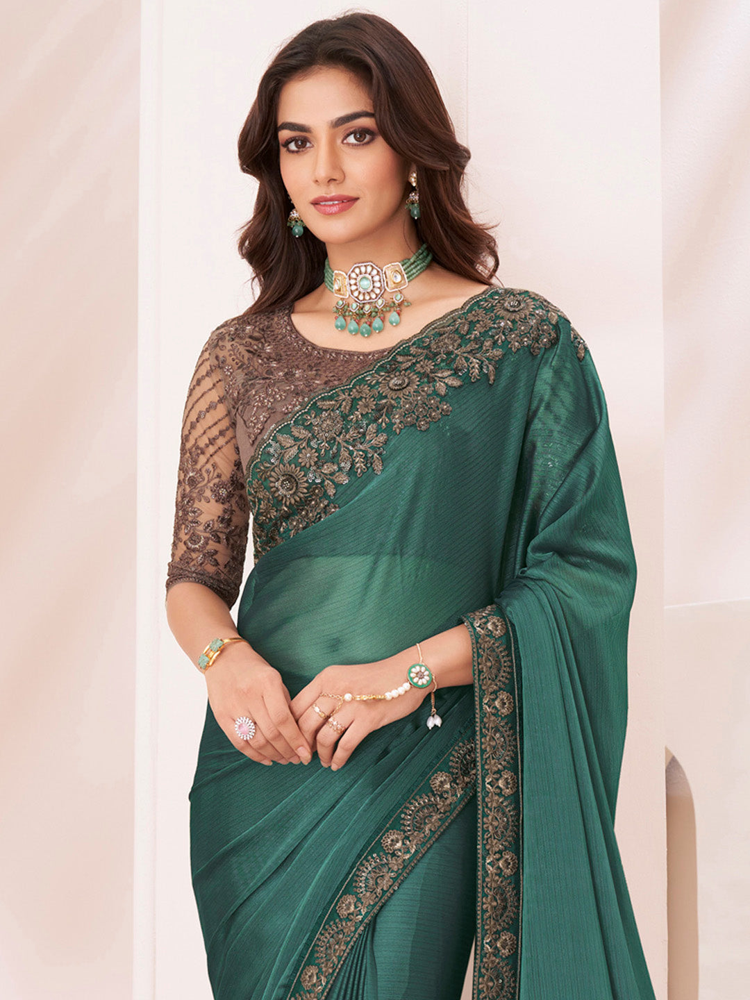 Women's Pure Georgette Brown Embellished Designer Saree With Blouse Piece