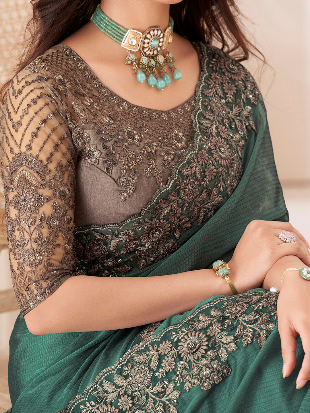 Women's Pure Georgette Brown Embellished Designer Saree With Blouse Piece