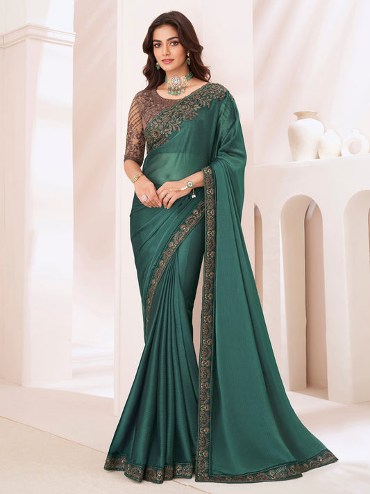 Women's Pure Georgette Brown Embellished Designer Saree With Blouse Piece